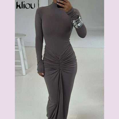 kliou Shirring Women Classic Maxi Dress Autumn New Solid Long Sleeve High Collar Body-shaping Vestidos Mujer Concise Trend Robe