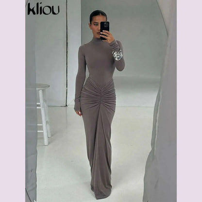 kliou Shirring Women Classic Maxi Dress Autumn New Solid Long Sleeve High Collar Body-shaping Vestidos Mujer Concise Trend Robe