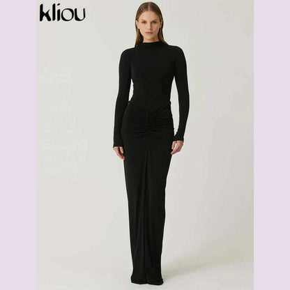 kliou Shirring Women Classic Maxi Dress Autumn New Solid Long Sleeve High Collar Body-shaping Vestidos Mujer Concise Trend Robe