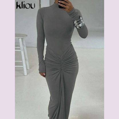 kliou Shirring Women Classic Maxi Dress Autumn New Solid Long Sleeve High Collar Body-shaping Vestidos Mujer Concise Trend Robe
