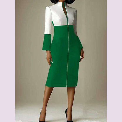 Krisstar 2025 New Women's Bodycon Dresses Contrast Color V-neck with Zipper Long Sleeves Formal Occasion Office Midi Dresses