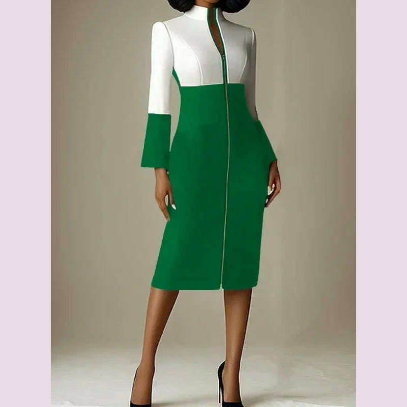 Krisstar 2025 New Women's Bodycon Dresses Contrast Color V-neck with Zipper Long Sleeves Formal Occasion Office Midi Dresses