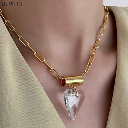 Large Glass Heart Necklace For Women Metal Link Chain Pendant Fancy Fashion Jewelry Trendy New Designs Girls' Gifts Party C1325