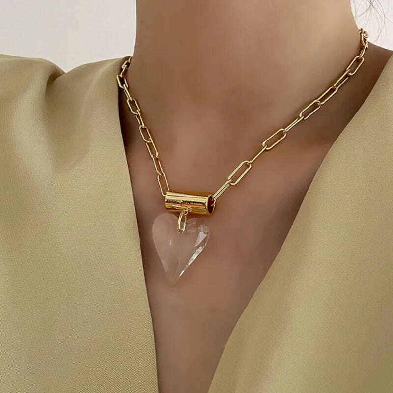 Large Glass Heart Necklace For Women Metal Link Chain Pendant Fancy Fashion Jewelry Trendy New Designs Girls' Gifts Party C1325
