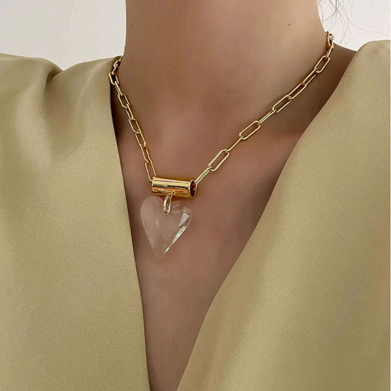 Large Glass Heart Necklace For Women Metal Link Chain Pendant Fancy Fashion Jewelry Trendy New Designs Girls' Gifts Party C1325