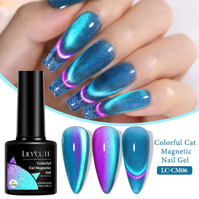 LILYCUTE 7ML Sparkling Glitter Rainbow Cat Magnetic Gel Nail Polish 9D Colorful  Semi Permanent Soak Off Nail Art UV Gel Varnish
