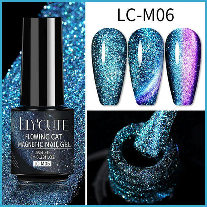 LILYCUTE 7ML Sparkling Glitter Rainbow Cat Magnetic Gel Nail Polish 9D Colorful  Semi Permanent Soak Off Nail Art UV Gel Varnish