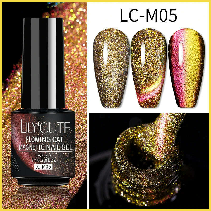 LILYCUTE 7ML Sparkling Glitter Rainbow Cat Magnetic Gel Nail Polish 9D Colorful  Semi Permanent Soak Off Nail Art UV Gel Varnish