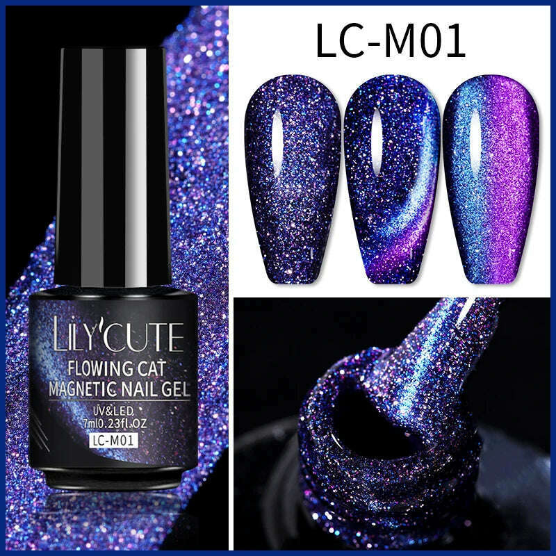 LILYCUTE 7ML Sparkling Glitter Rainbow Cat Magnetic Gel Nail Polish 9D Colorful  Semi Permanent Soak Off Nail Art UV Gel Varnish