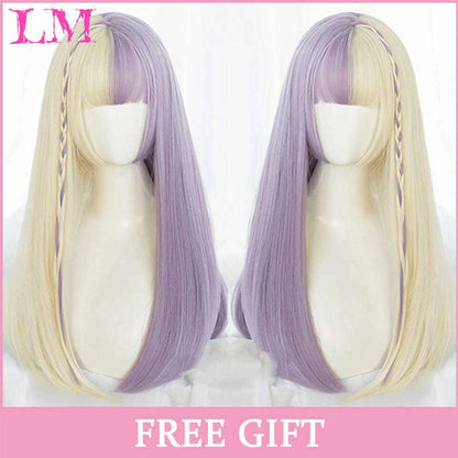 LM Long Natural Wavy Platinum Blonde Pink Wigs with Bangs Cosplay Party Lolita Synthetic Wigs for Women Heat Resistant Fiber