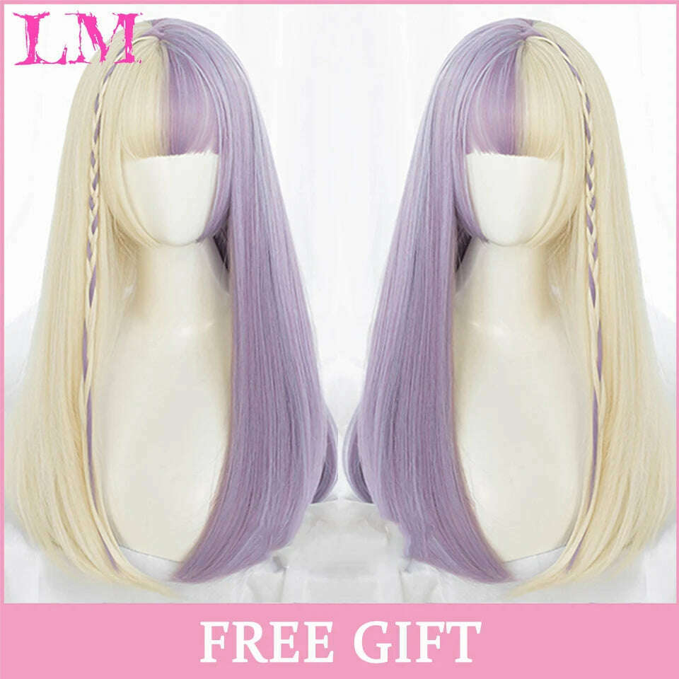 LM Long Natural Wavy Platinum Blonde Pink Wigs with Bangs Cosplay Party Lolita Synthetic Wigs for Women Heat Resistant Fiber