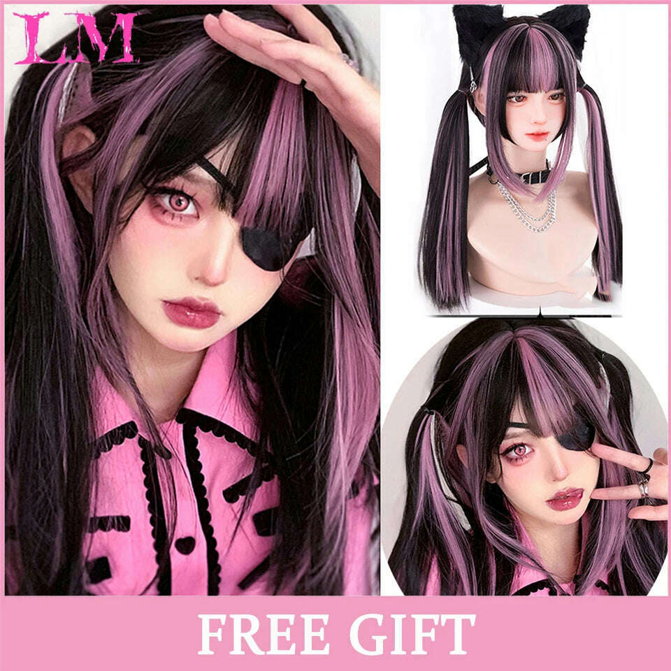 LM Long Natural Wavy Platinum Blonde Pink Wigs with Bangs Cosplay Party Lolita Synthetic Wigs for Women Heat Resistant Fiber