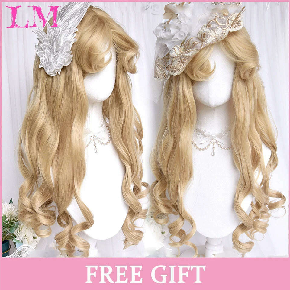 LM Long Natural Wavy Platinum Blonde Pink Wigs with Bangs Cosplay Party Lolita Synthetic Wigs for Women Heat Resistant Fiber