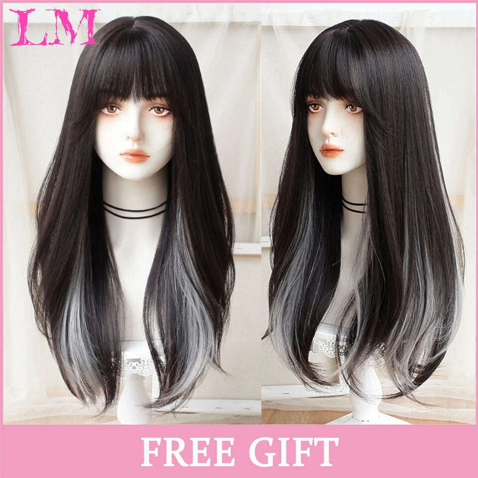 LM Long Natural Wavy Platinum Blonde Pink Wigs with Bangs Cosplay Party Lolita Synthetic Wigs for Women Heat Resistant Fiber