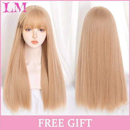 LM Long Natural Wavy Platinum Blonde Pink Wigs with Bangs Cosplay Party Lolita Synthetic Wigs for Women Heat Resistant Fiber