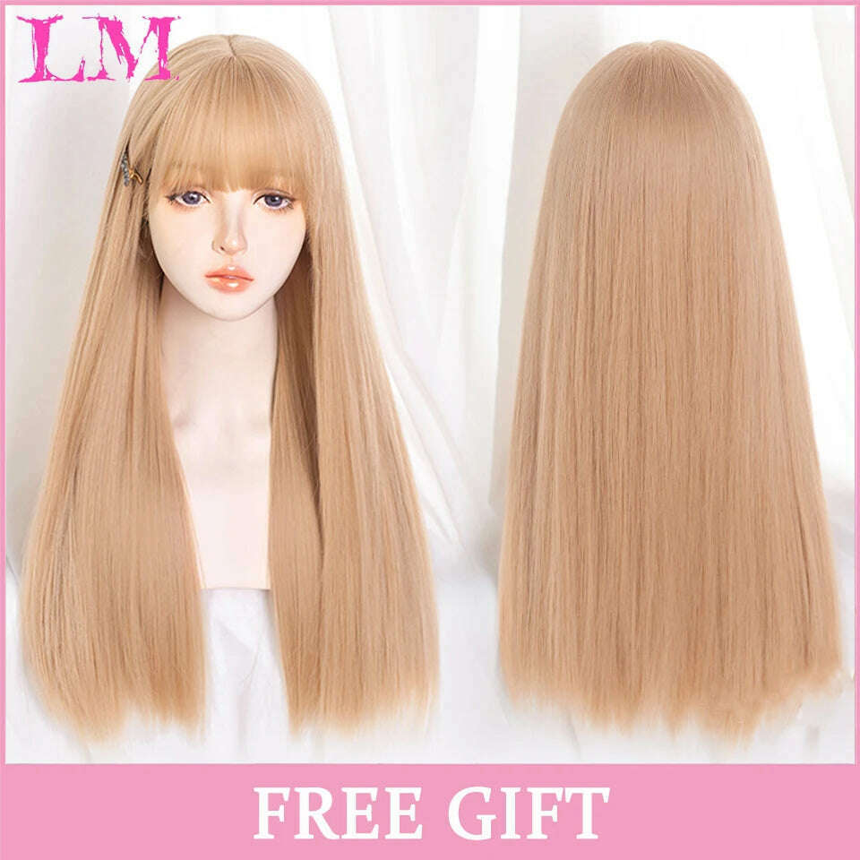 LM Long Natural Wavy Platinum Blonde Pink Wigs with Bangs Cosplay Party Lolita Synthetic Wigs for Women Heat Resistant Fiber
