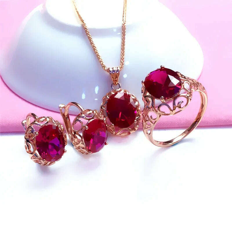 Luxury 585 purple gold inlaid ruby jewelry set hollow design 14K rose gold wedding necklaces rings earrings for girlfriend