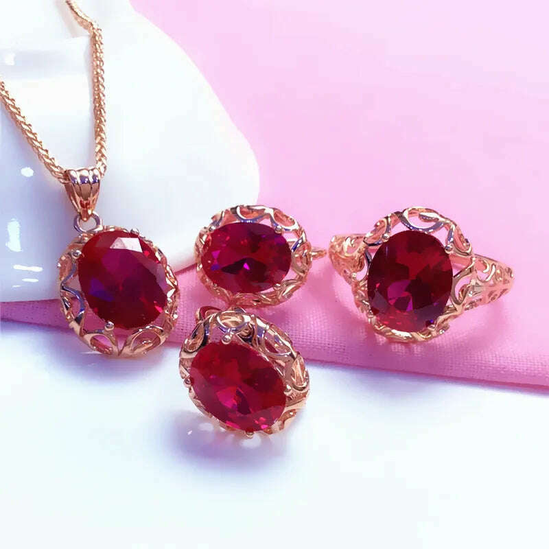Luxury 585 purple gold inlaid ruby jewelry set hollow design 14K rose gold wedding necklaces rings earrings for girlfriend