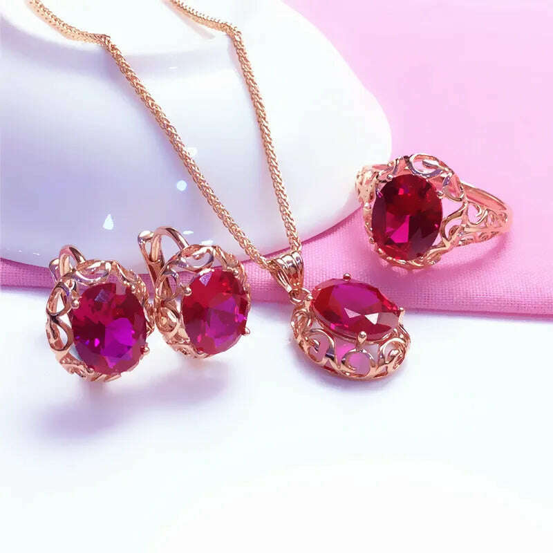 Luxury 585 purple gold inlaid ruby jewelry set hollow design 14K rose gold wedding necklaces rings earrings for girlfriend