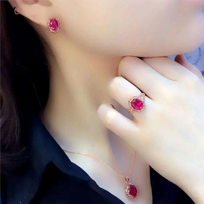 Luxury 585 purple gold inlaid ruby jewelry set hollow design 14K rose gold wedding necklaces rings earrings for girlfriend