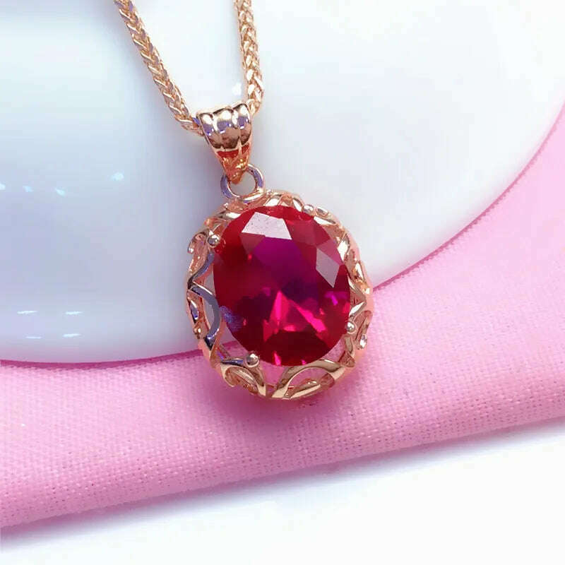 Luxury 585 purple gold inlaid ruby jewelry set hollow design 14K rose gold wedding necklaces rings earrings for girlfriend