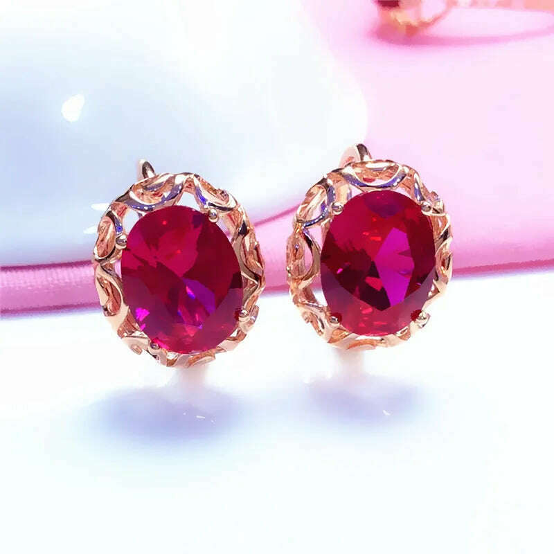 Luxury 585 purple gold inlaid ruby jewelry set hollow design 14K rose gold wedding necklaces rings earrings for girlfriend