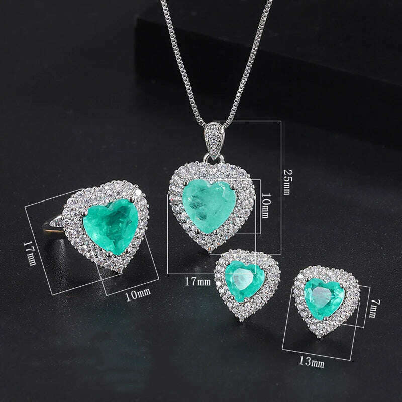 Luxury 925 Sterling Silver Paraiba Heart Necklace Earrings Ring for Women Girl Wedding Dinner Party Jewelry Set Anniversary Gift