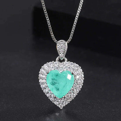 Luxury 925 Sterling Silver Paraiba Heart Necklace Earrings Ring for Women Girl Wedding Dinner Party Jewelry Set Anniversary Gift