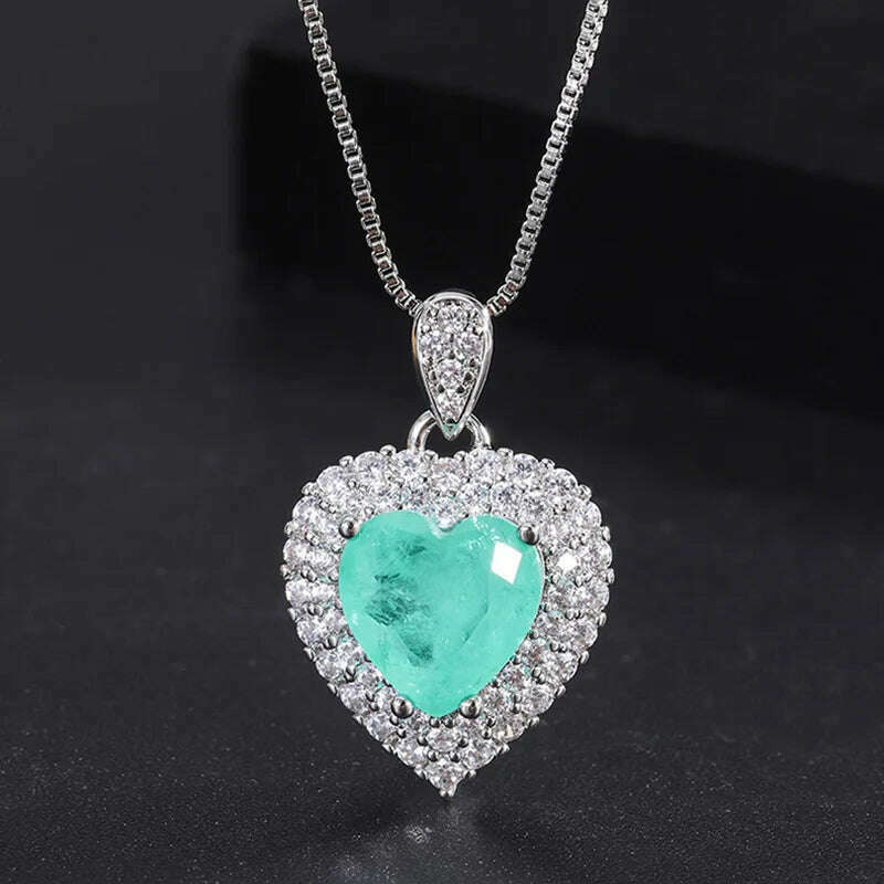 Luxury 925 Sterling Silver Paraiba Heart Necklace Earrings Ring for Women Girl Wedding Dinner Party Jewelry Set Anniversary Gift