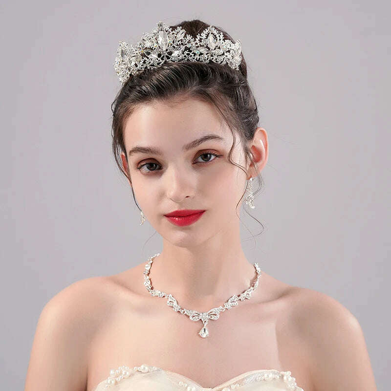 Luxury Silver Color Crystal Water Drop Bridal Jewelry Sets Rhinestone Tiaras Crown Necklace Earrings Wedding Dubai Jewelry Set