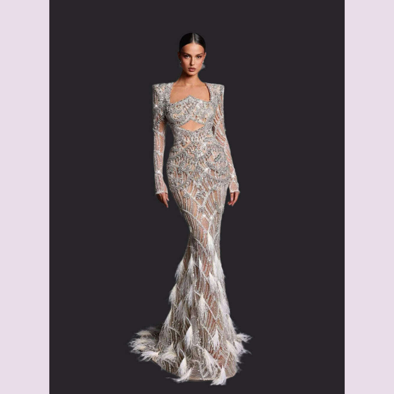 Luxury Sliver Mermaid Evening Gown Illusion Cut Out Prom Dresses Celebrity Beading Sequins Feathers Customized Robe De Soriee