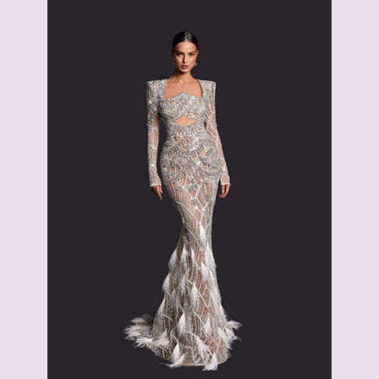 Luxury Sliver Mermaid Evening Gown Illusion Cut Out Prom Dresses Celebrity Beading Sequins Feathers Customized Robe De Soriee