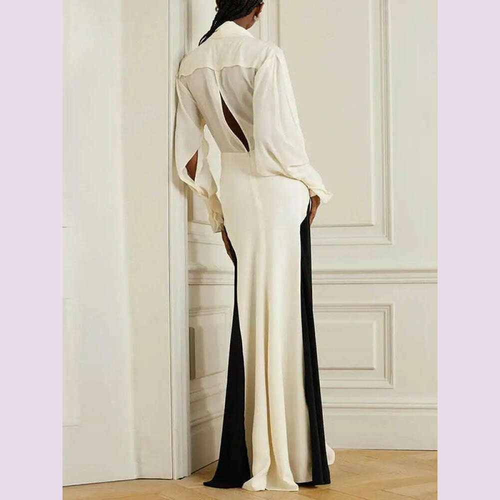 Missuoo Women Dress Black and White Elegant Evening Dresses Deep V-neck Long Sleeve Thin Maxi Dress Summer Fashion Pleated Dress