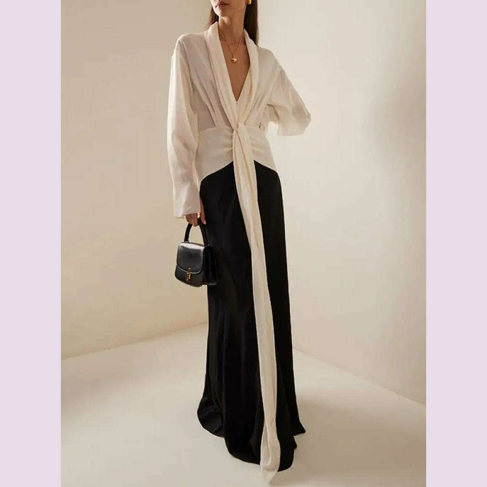 Missuoo Women Dress Black and White Elegant Evening Dresses Deep V-neck Long Sleeve Thin Maxi Dress Summer Fashion Pleated Dress