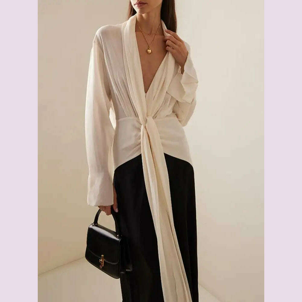 Missuoo Women Dress Black and White Elegant Evening Dresses Deep V-neck Long Sleeve Thin Maxi Dress Summer Fashion Pleated Dress