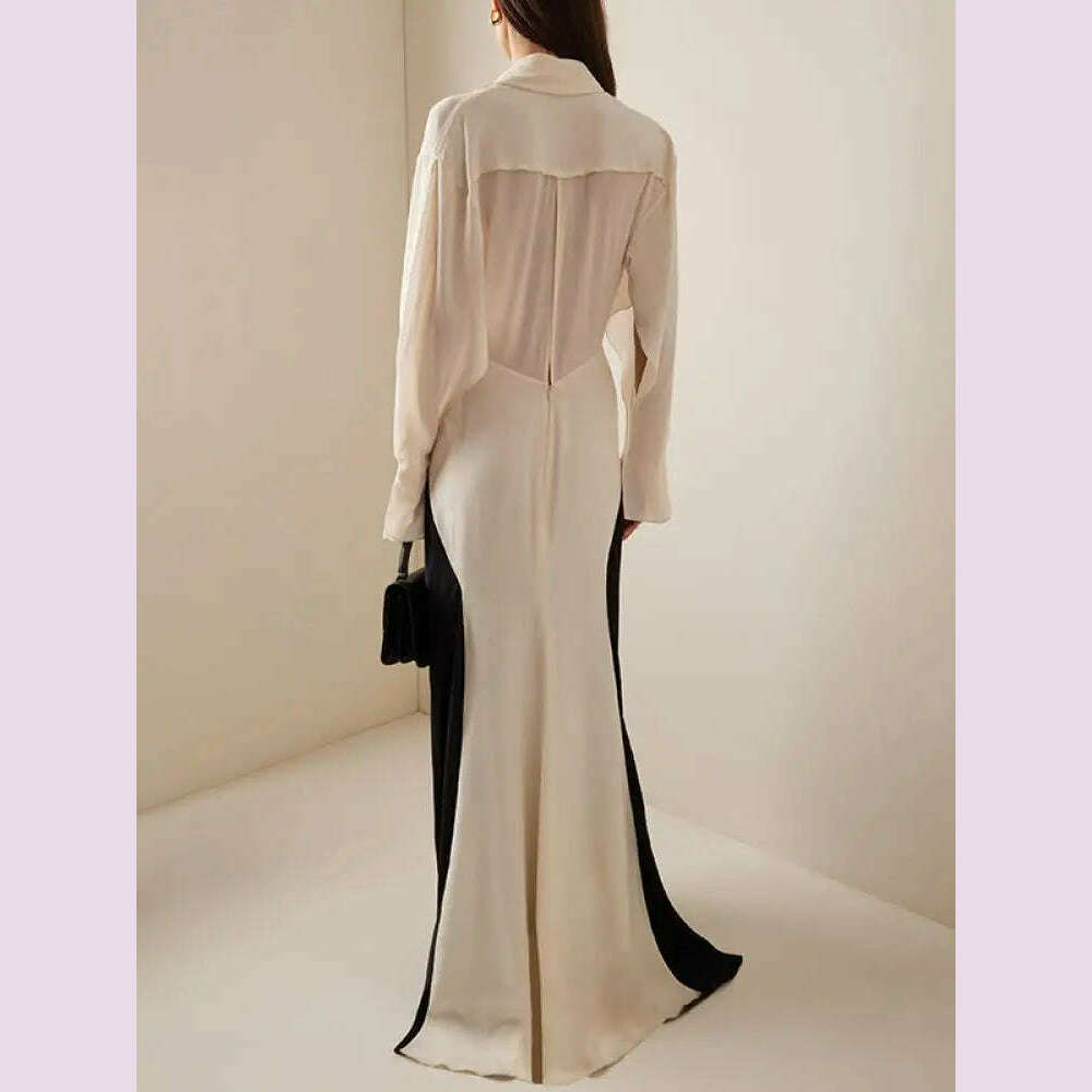 Missuoo Women Dress Black and White Elegant Evening Dresses Deep V-neck Long Sleeve Thin Maxi Dress Summer Fashion Pleated Dress