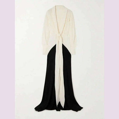 Missuoo Women Dress Black and White Elegant Evening Dresses Deep V-neck Long Sleeve Thin Maxi Dress Summer Fashion Pleated Dress