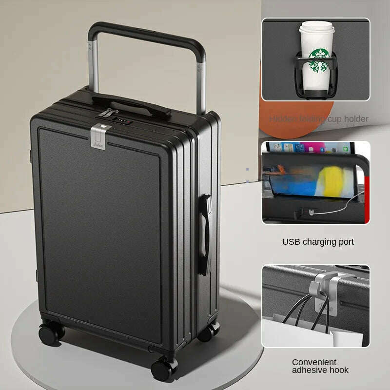 Multifunctional Draw-Bar Suitcase Zipper Wide Handle Trolley Luggage with Cup Holder USB Port Trip Boarding Case Spinner 20 inch