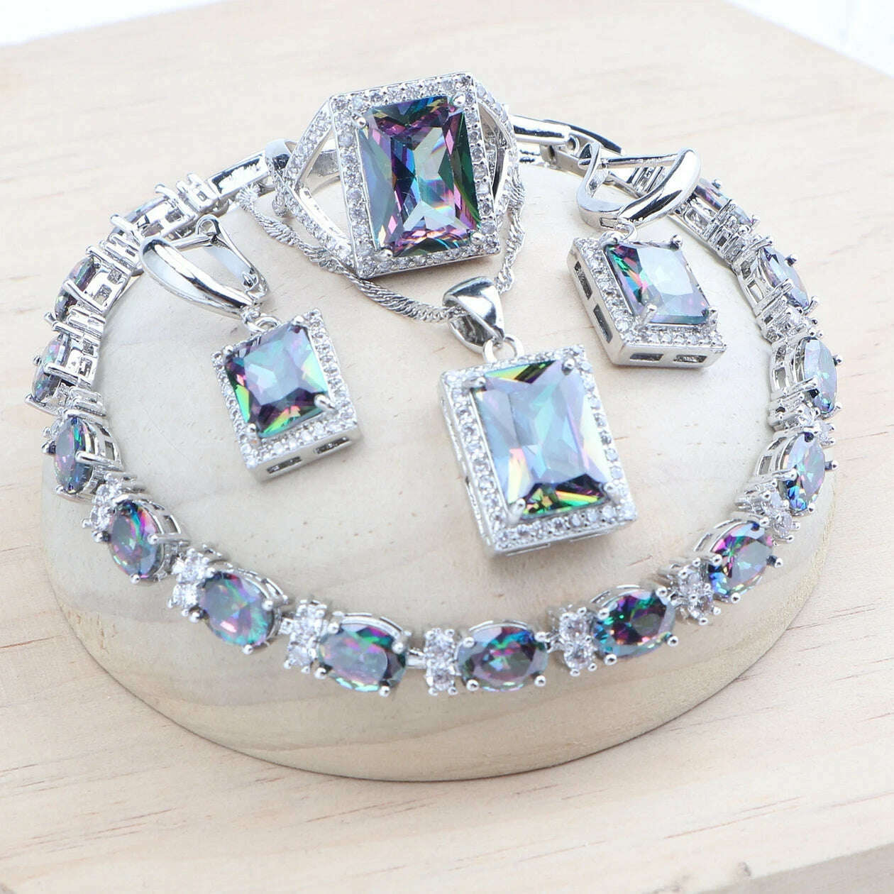 Natural Magic Rainbow CZ Bridal Jewelry Sets 925 Silver Stones Bracelets Earrings Rings Pendant Necklace Set For Women