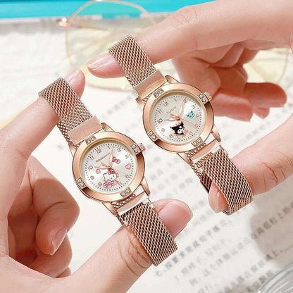 New Hello Kitty Diamond Watches Women Cat Bow Kawaii Pink Ladies Gold Sliver Metal Jewelry Cartoon Magnetic Watch Girls