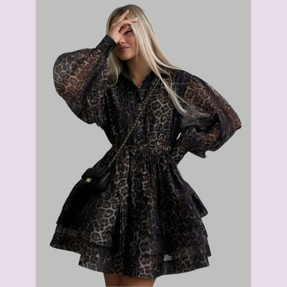 Oymimi Fashion Brown Leopard Print Women's Dress Elegant Long Sleeve Buton Lace-Up Dresses Casual Cascading Ruffle Mini Dresses