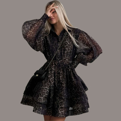 Oymimi Fashion Brown Leopard Print Women's Dress Elegant Long Sleeve Buton Lace-Up Dresses Casual Cascading Ruffle Mini Dresses
