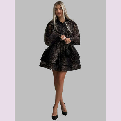 Oymimi Fashion Brown Leopard Print Women's Dress Elegant Long Sleeve Buton Lace-Up Dresses Casual Cascading Ruffle Mini Dresses