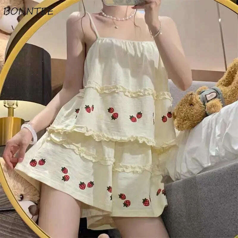 Pajama Sets Women Summer Thin Sweet Cute Strawberry-print Fungus Edge Sleeveless Kawaii Student All-match Leisure Elegant Tender