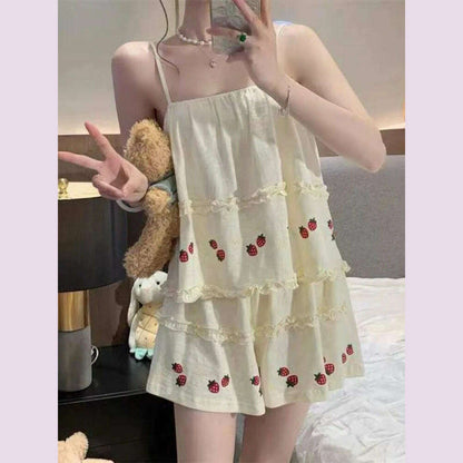 Pajama Sets Women Summer Thin Sweet Cute Strawberry-print Fungus Edge Sleeveless Kawaii Student All-match Leisure Elegant Tender