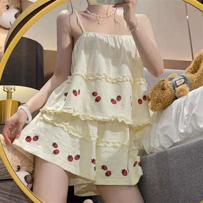 Pajama Sets Women Summer Thin Sweet Cute Strawberry-print Fungus Edge Sleeveless Kawaii Student All-match Leisure Elegant Tender