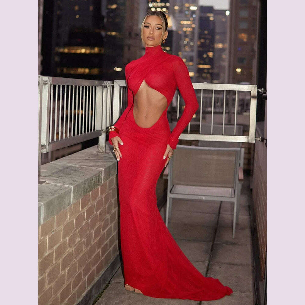 Party Dresses For Women Fashion Sexy Streetwear Solid Hollow Out Turtleneck Full Sleeves Slim Elegant Long Vestidos Robes Female