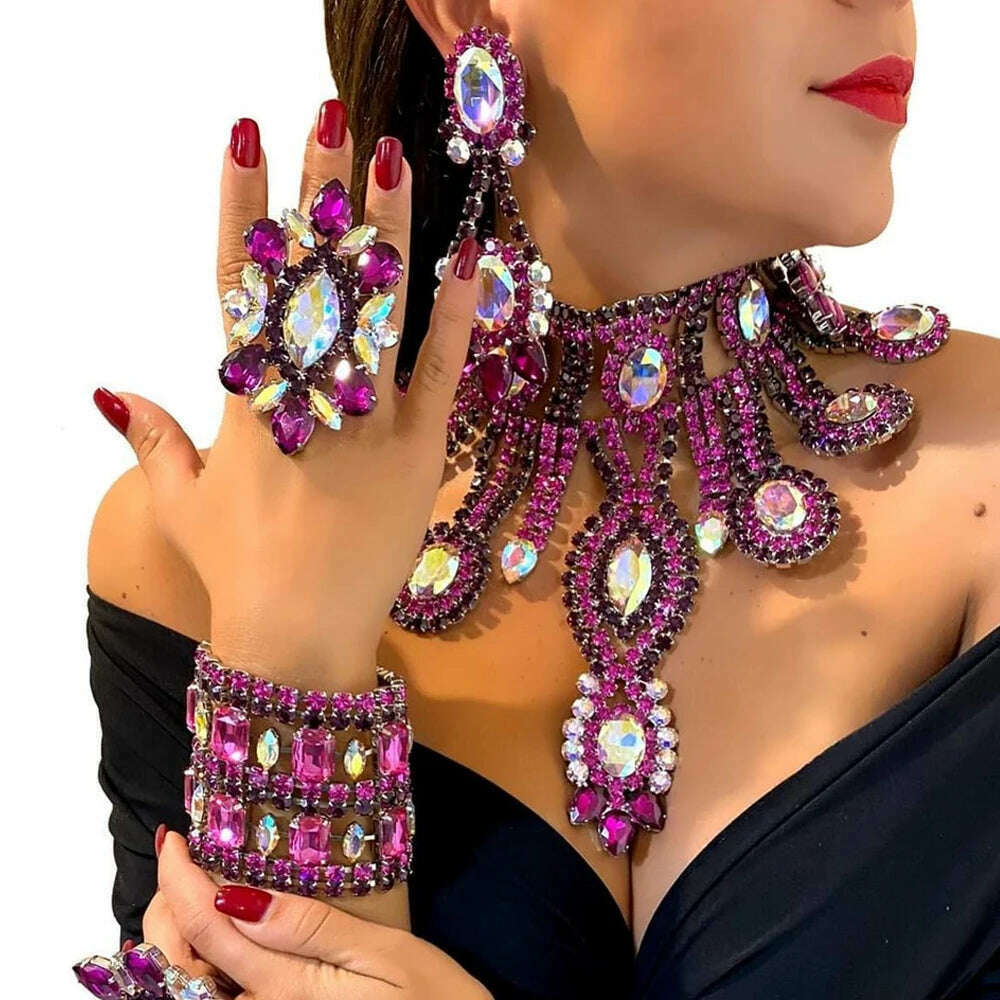 Purple Crystal Necklace Earrings Bracelet Rings Set Wedding Women Exaggerate Decoration Nigeria Bridal Jewelry Sets Party Gift