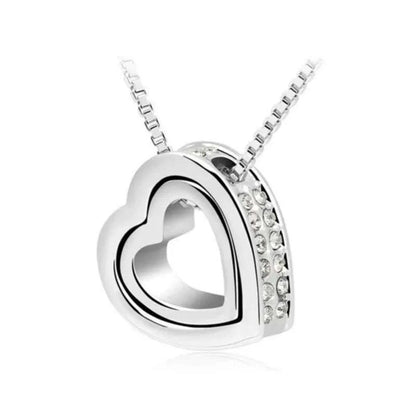 quality float double Heart Pendant sweater chain Necklace crystal shine rhinestone charm birthday gift girls wed fashion jewelry