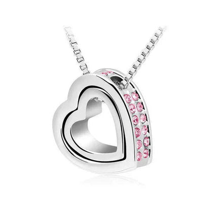 quality float double Heart Pendant sweater chain Necklace crystal shine rhinestone charm birthday gift girls wed fashion jewelry